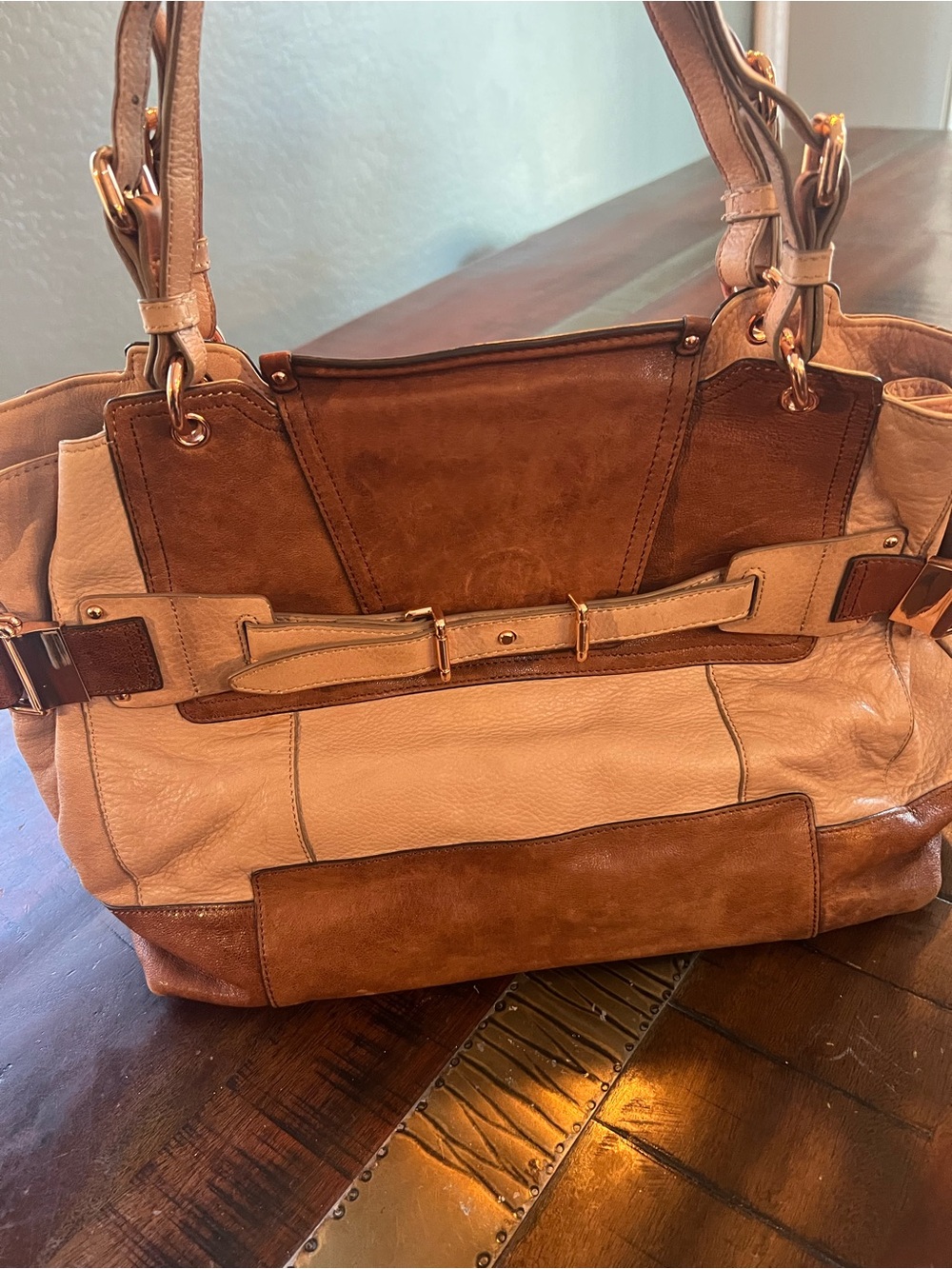 Kooba Cally Tote Two-Tone Brown & Beige Leather Shoulder Bag